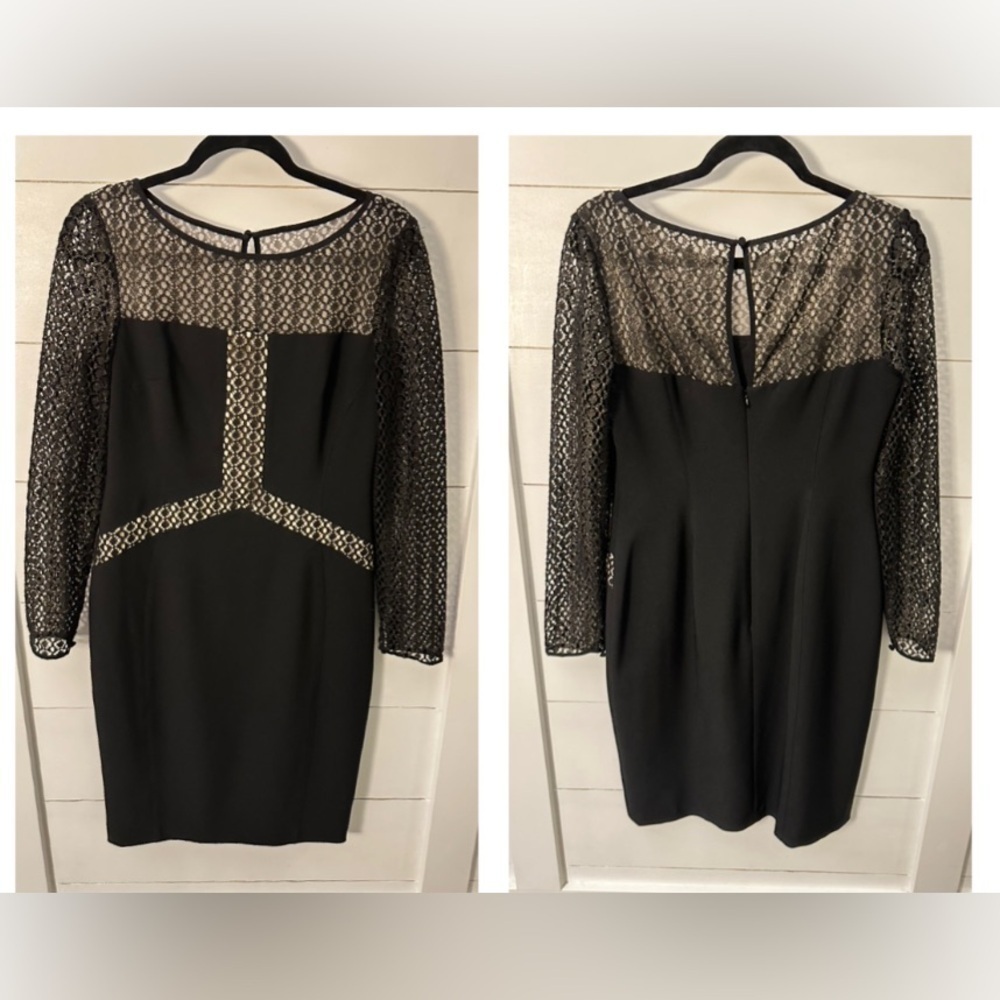 MAGGIE LONDN Classic sophosticated woman lace sheer arm black sheath dress 10